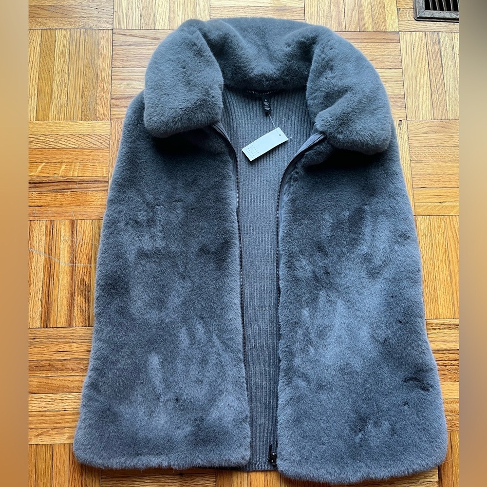 NWT! White House Black Market 
Gray Faux Fur Collared Full Zip Long Vest